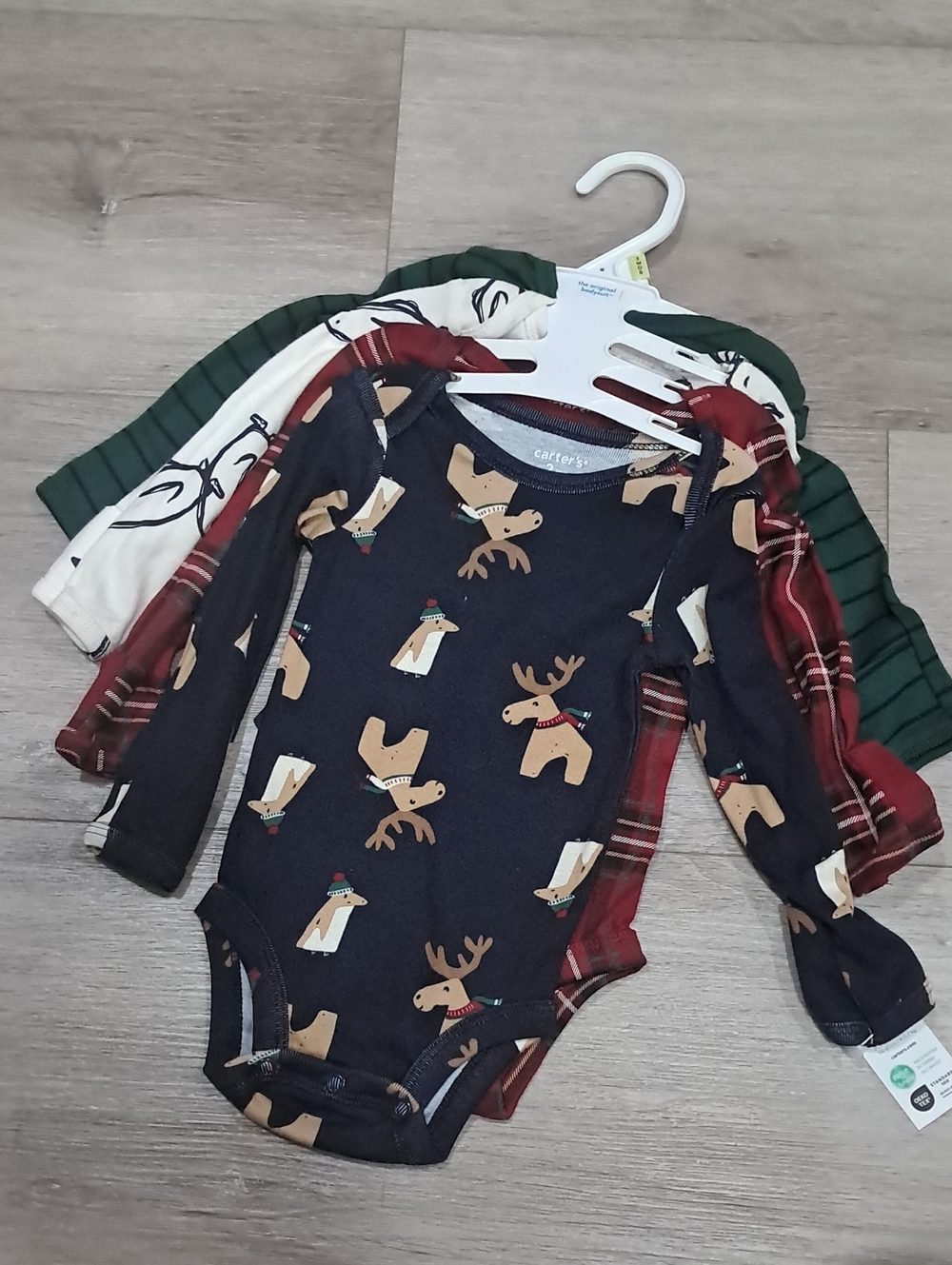 Carter's Navy Reindeer Print Long-Sleeve Bodysuit Set with Plaid & Stripes
